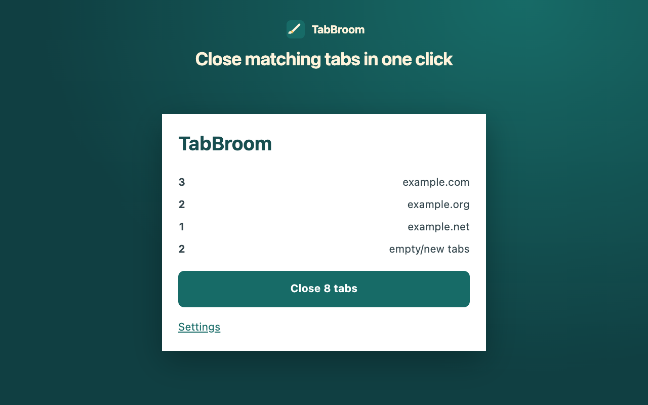 TabBroom popup showing matching tab counts for three domains and empty tabs